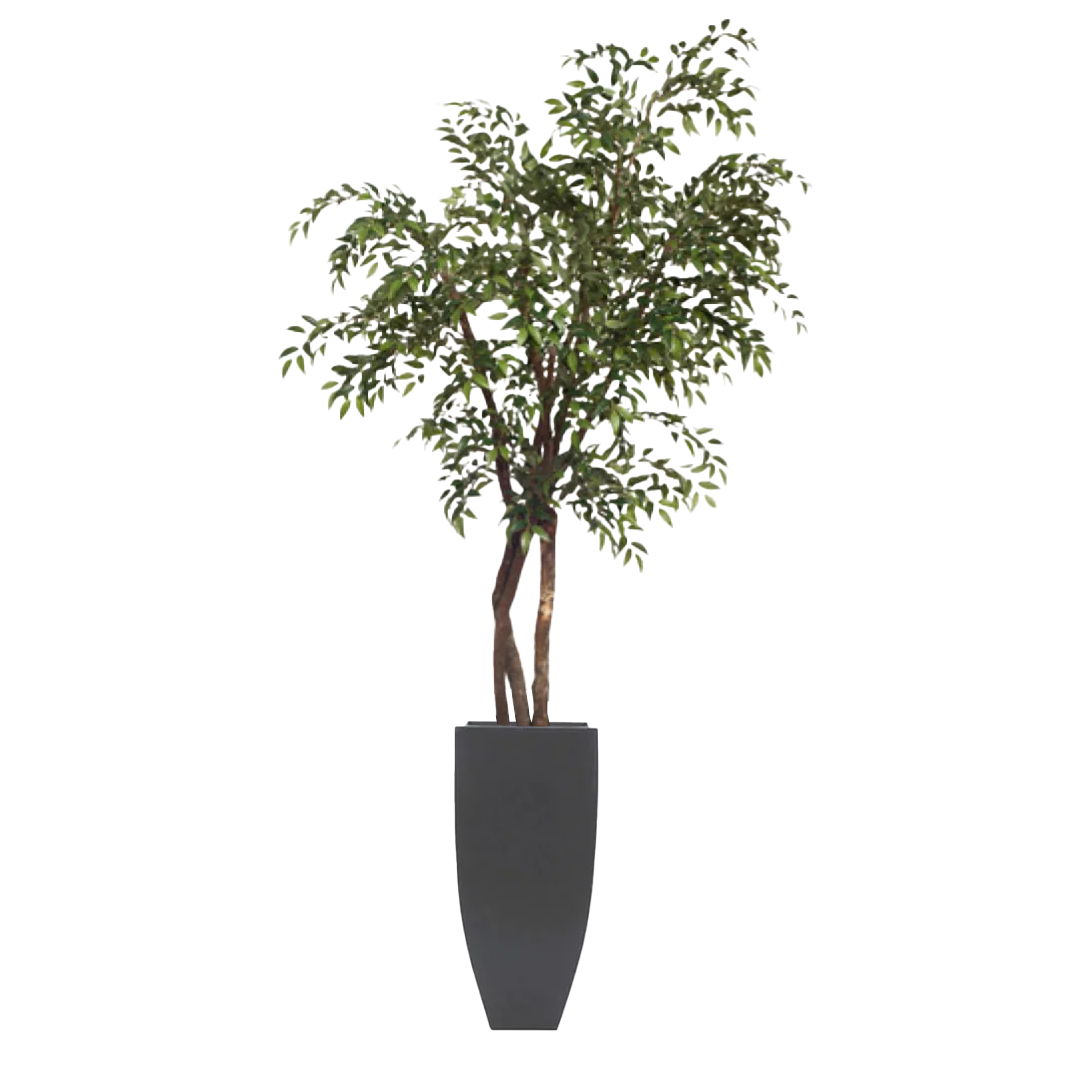 Artificial tree with realistic green leaves in tall modern black planter