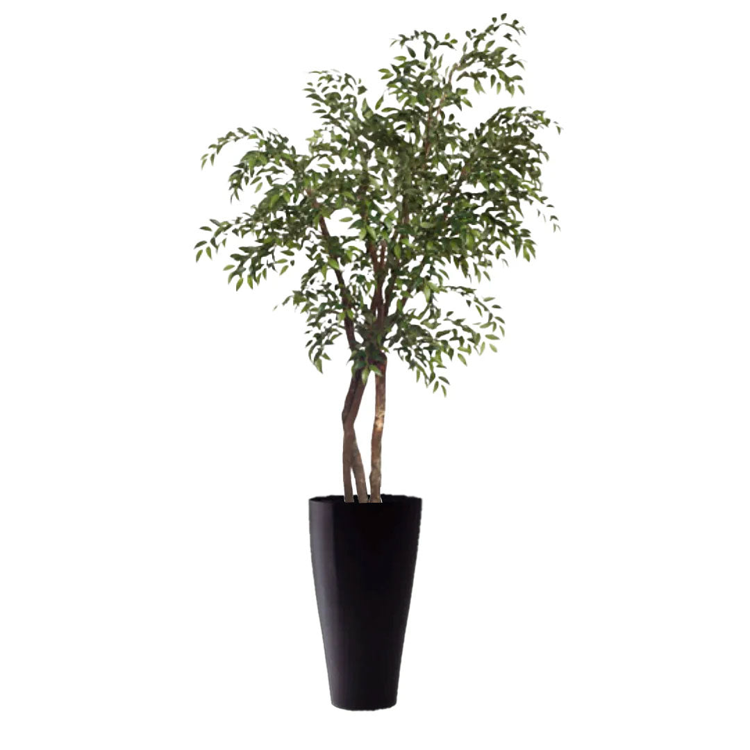Artificial smilax tree with lifelike green leaves in a tall black planter