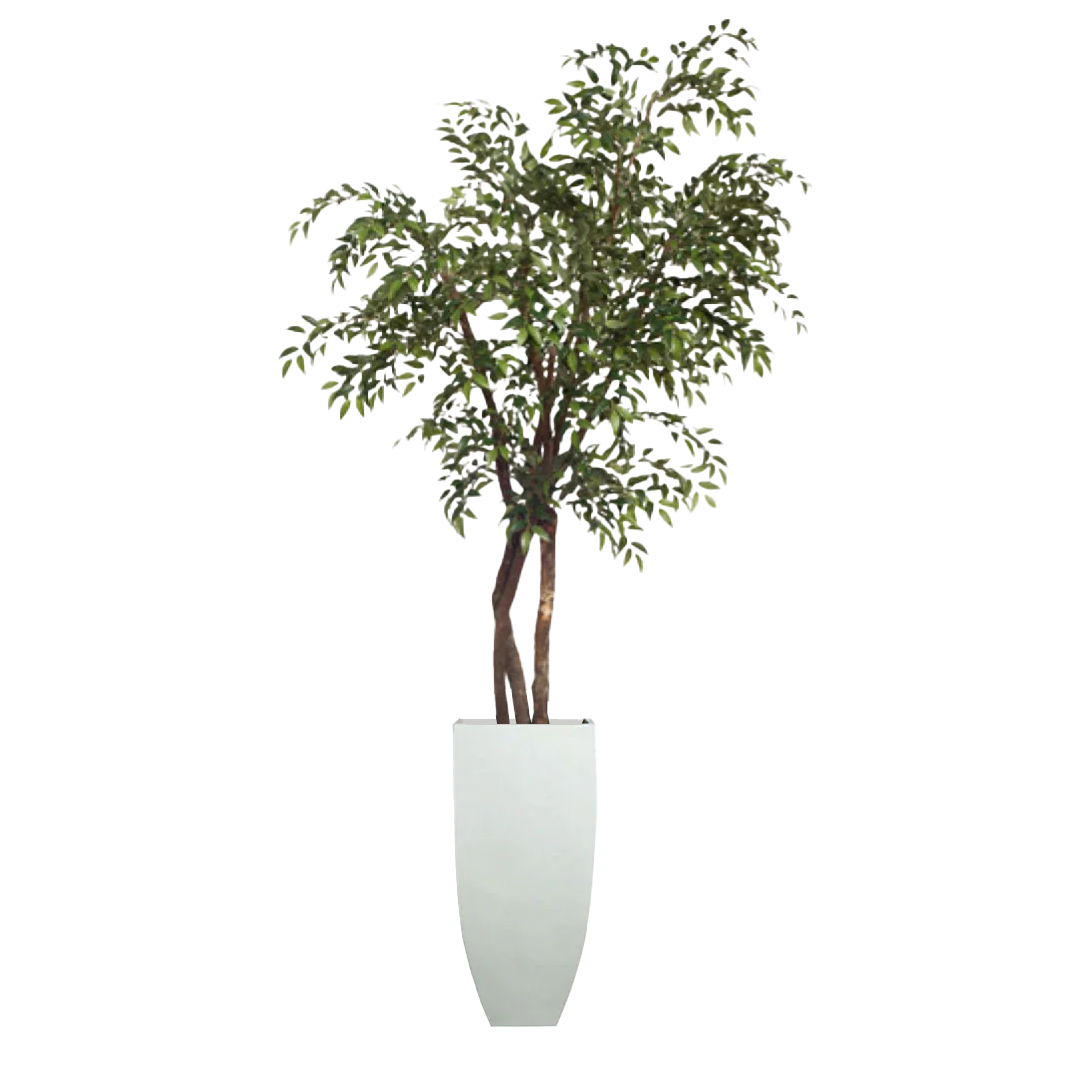 Artificial smilax tree with green foliage in a tall white planter on white background