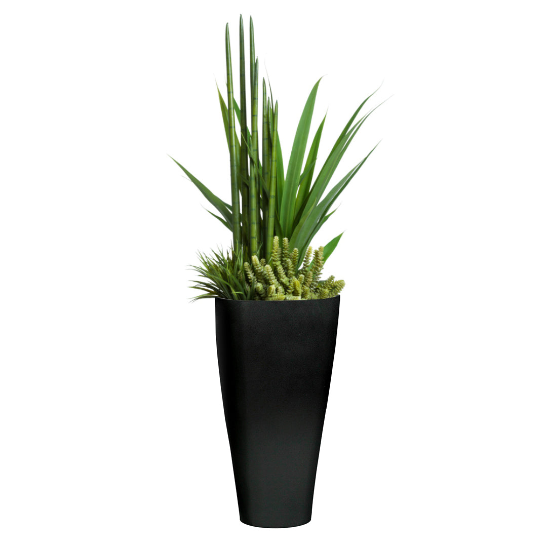 Artificial succulent mix arrangement in a tall matte black vase