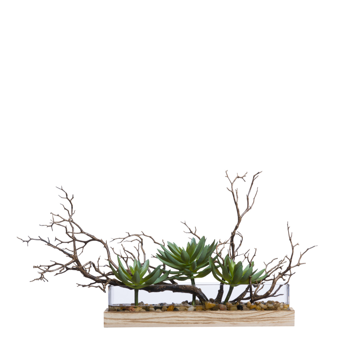 Artificial succulent and manzanita arrangement in rectangular wood planter
