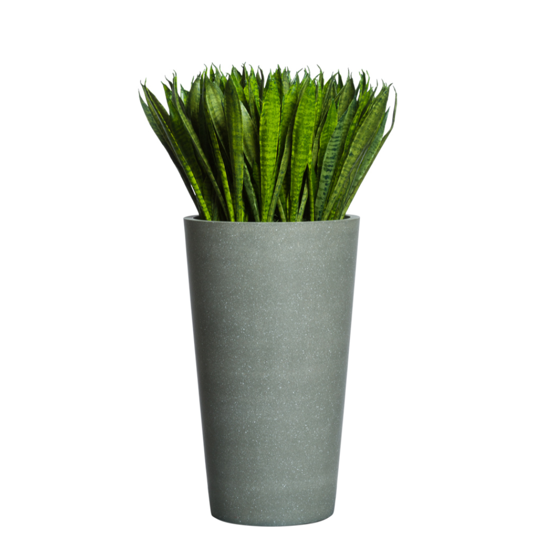 Artificial sansevieria plant in tall gray planter, realistic green snake plant leaves