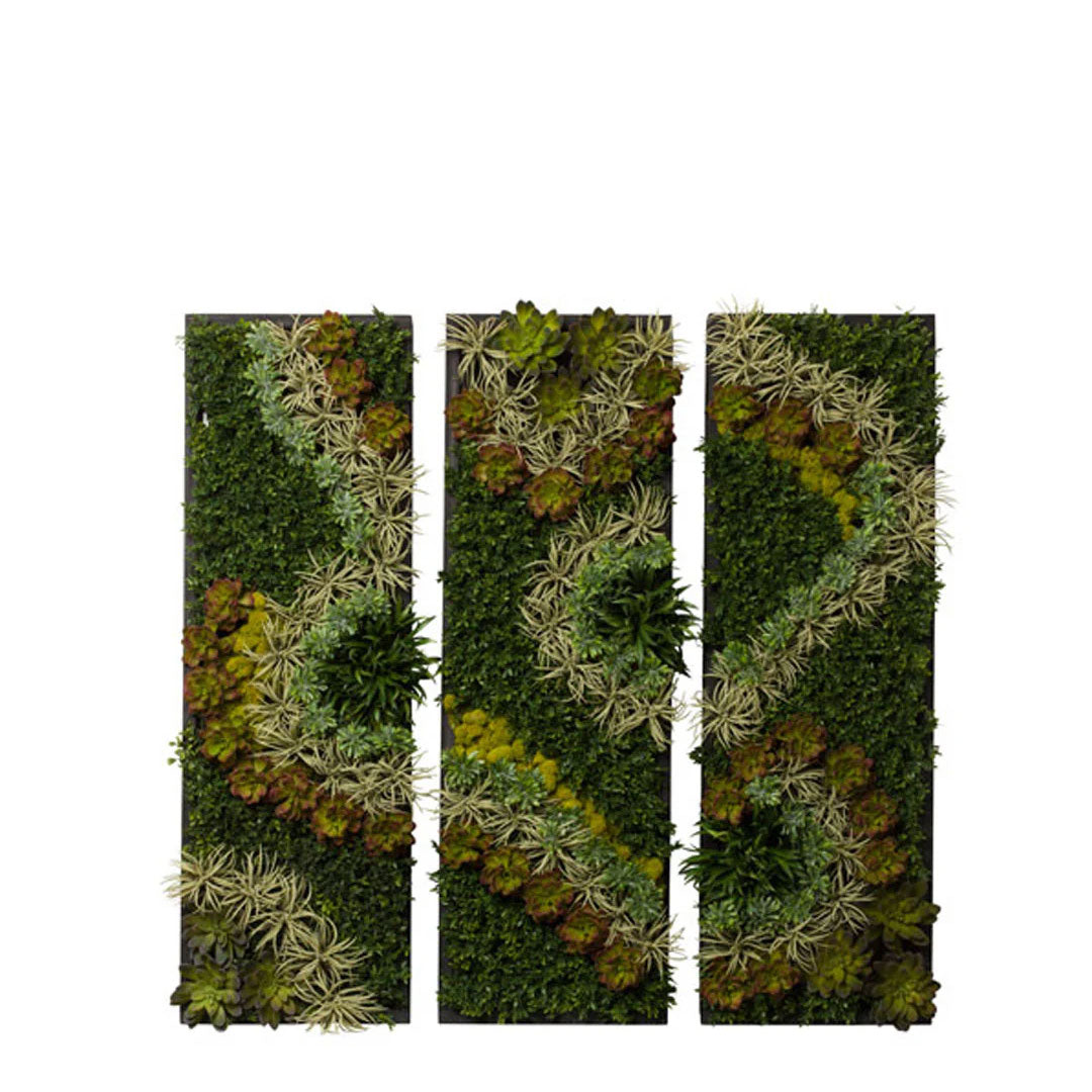 Modern succulent wall art with green artificial plants in three vertical panels