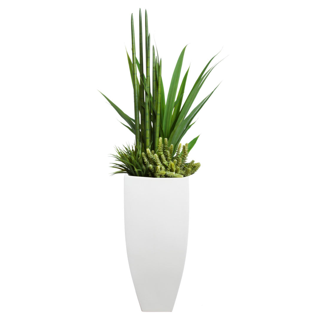 Artificial succulent and greenery arrangement in tall white tapered planter