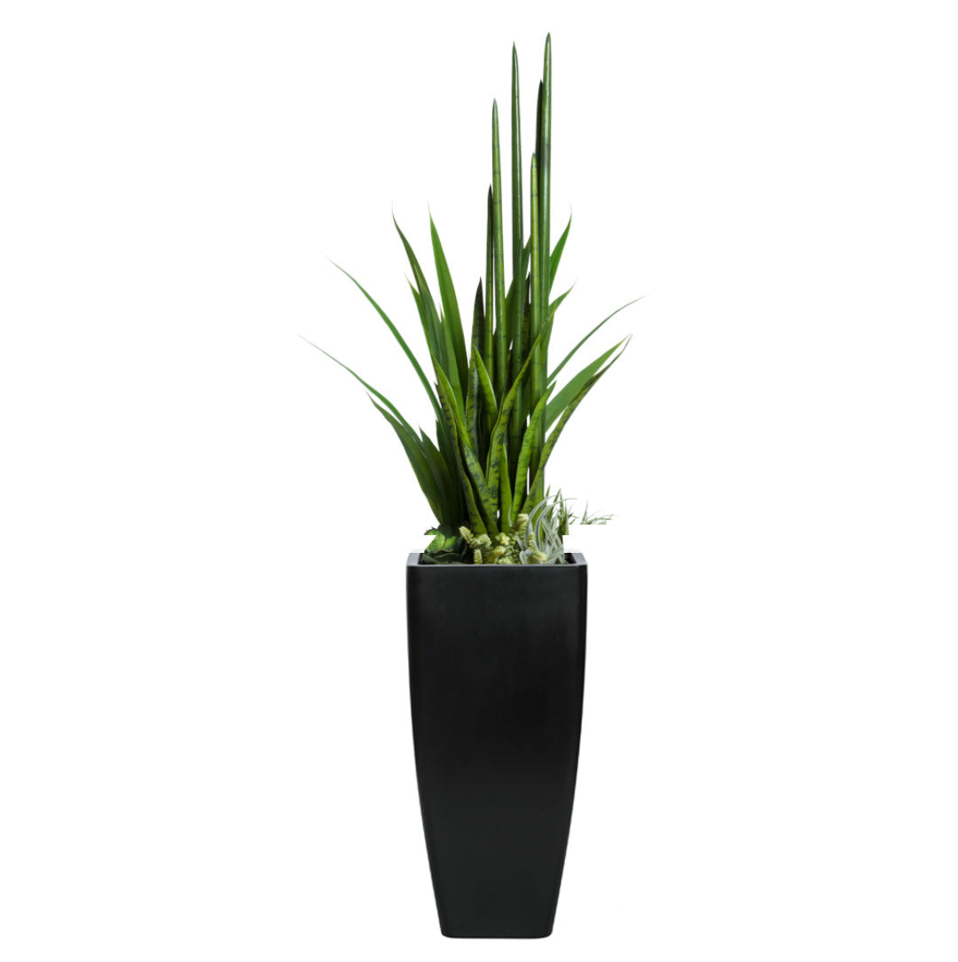 Tall artificial succulent arrangement in a modern black tapered planter