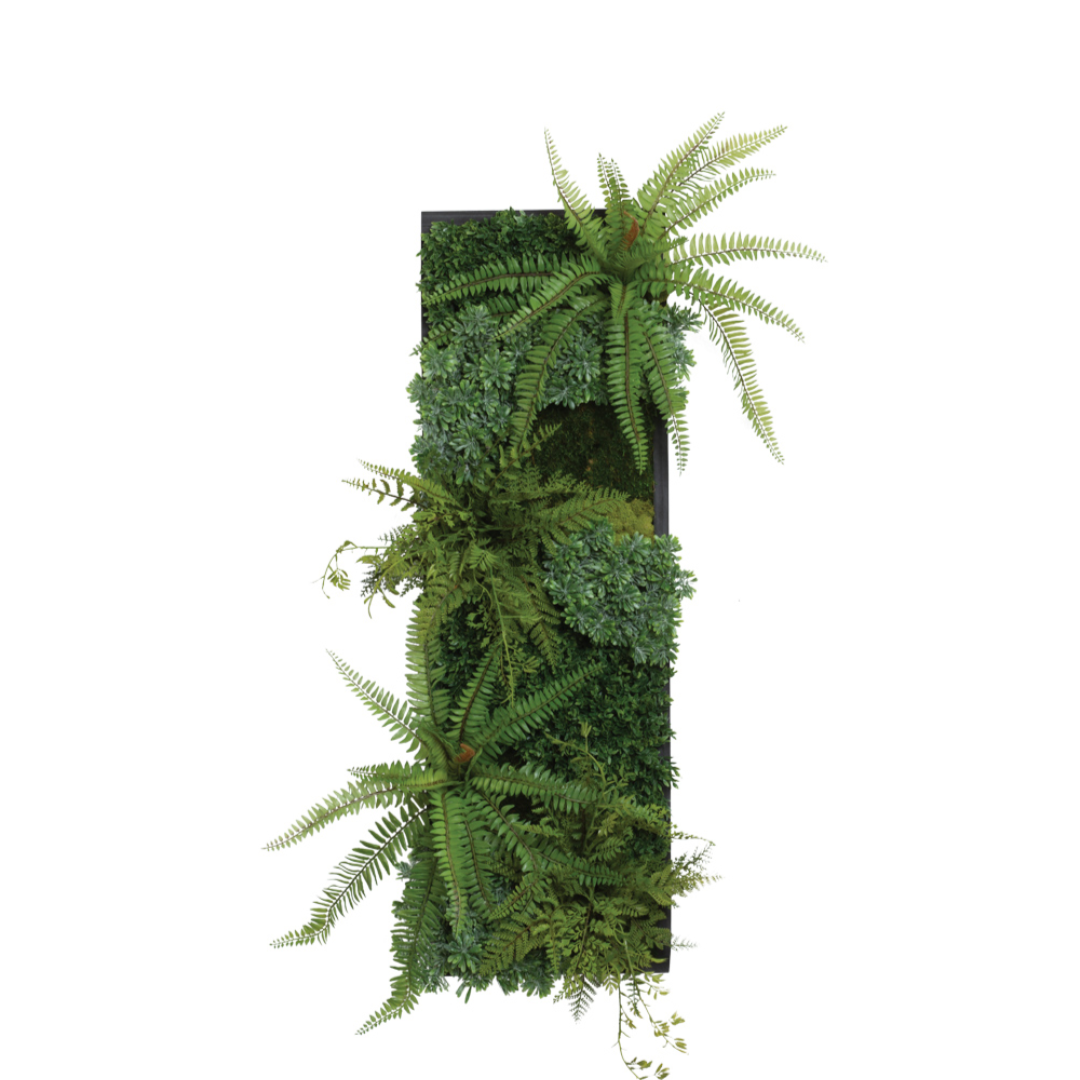 Rectangular wall panel with lifelike artificial ferns and succulents arranged vertically