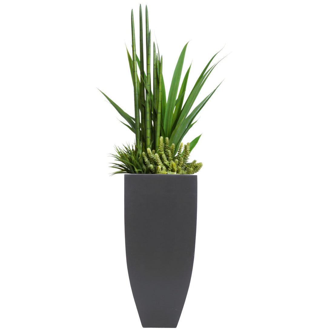 Artificial succulent and greenery arrangement in tall black modern planter