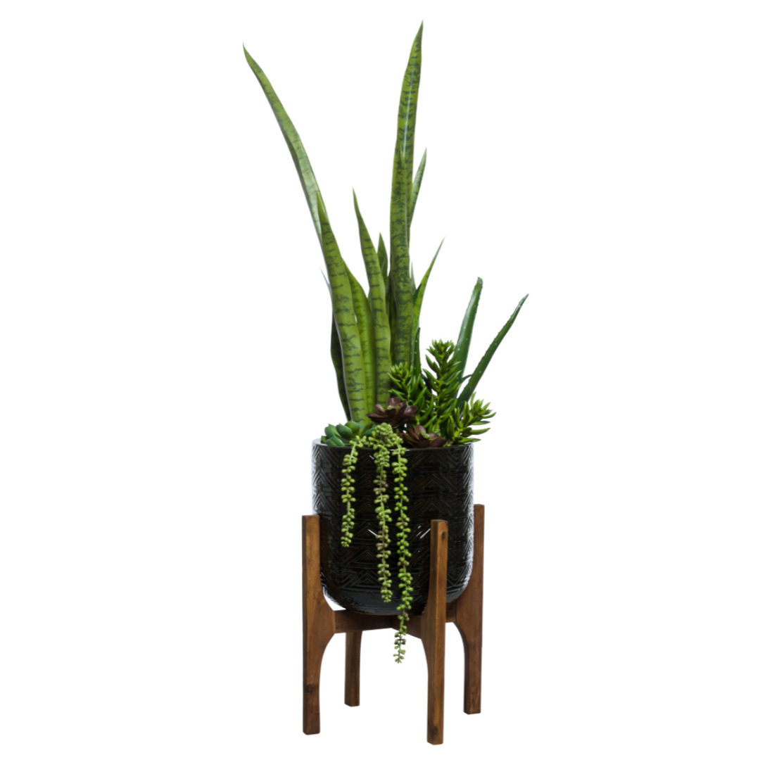 Artificial succulent and sansevieria arrangement in black pot on wooden stand