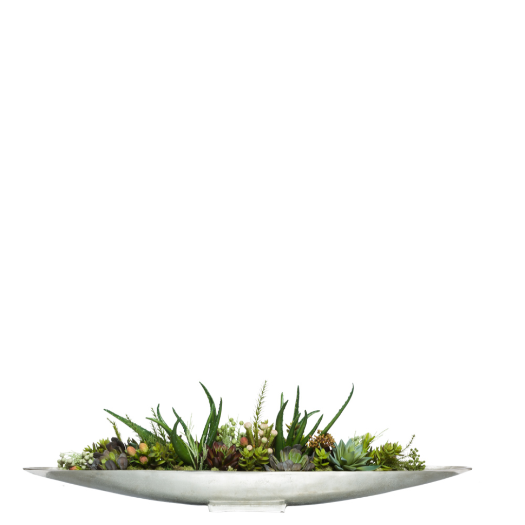 Realistic mixed faux succulents in a long oval silver planter, modern botanical decor