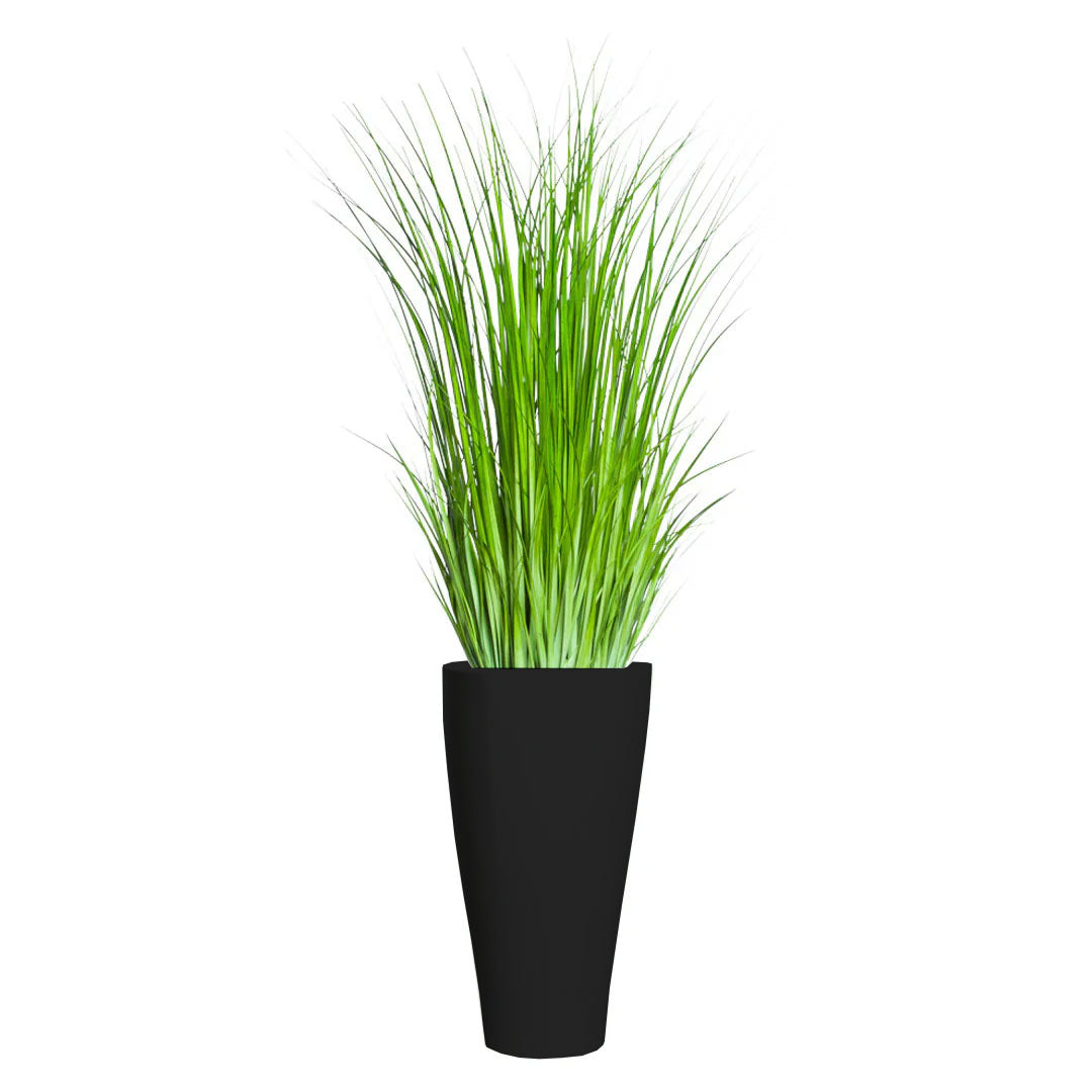 Artificial wild grass in tall black planter, modern botanical decor against white background