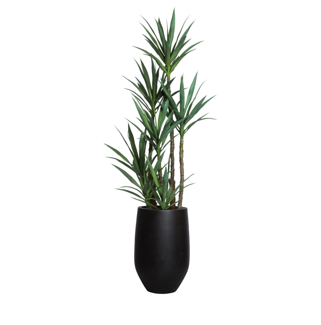 Artificial yucca plant with green spiky leaves in a tall black planter on white background