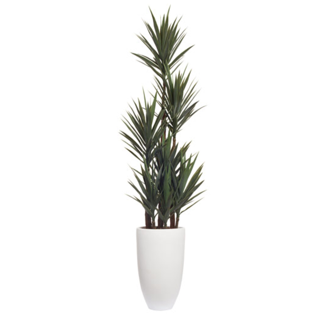 Artificial yucca plant with realistic green leaves in a tall white planter