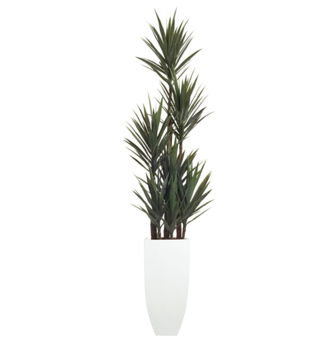 Artificial yucca plant with spiky green leaves in a tall white planter on white background