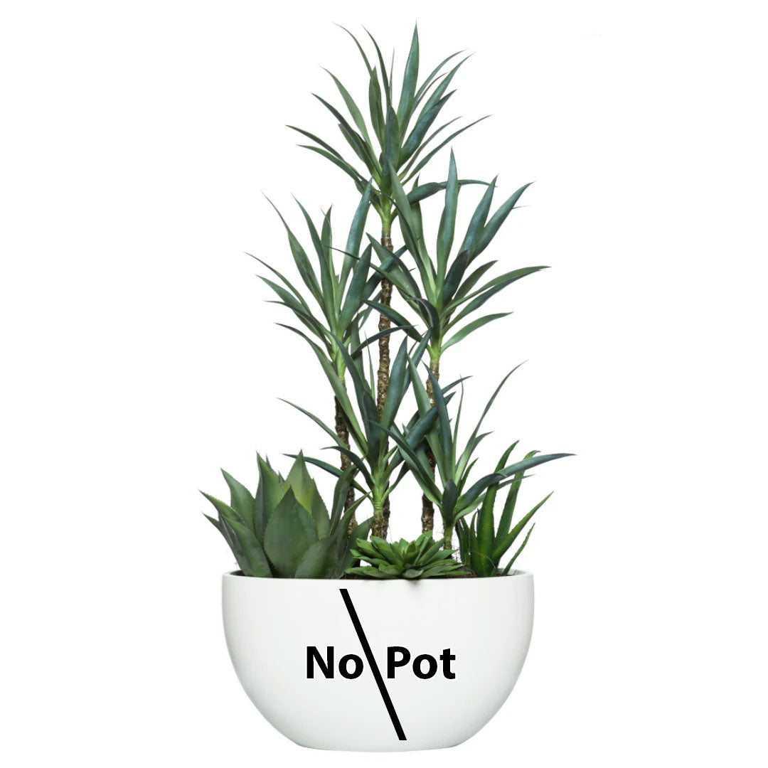 Artificial yucca and succulent plant arrangement displayed in a white bowl with 'No Pot' text.