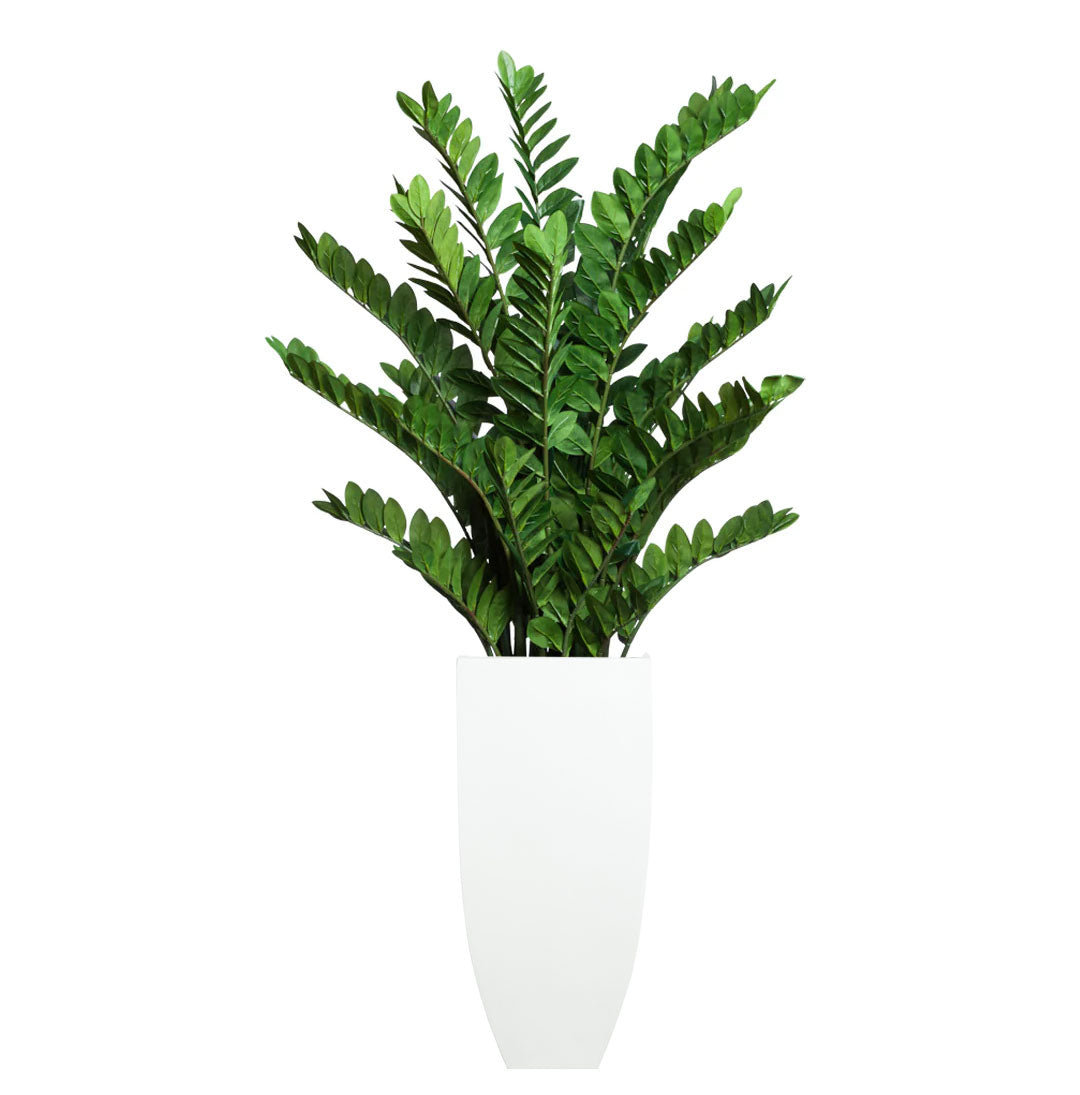 Artificial zamiifolia plant with glossy green leaves in a modern white planter