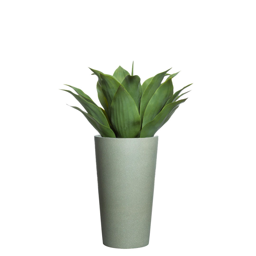 Artificial agave plant with broad green leaves in a tall greystone pot on white background
