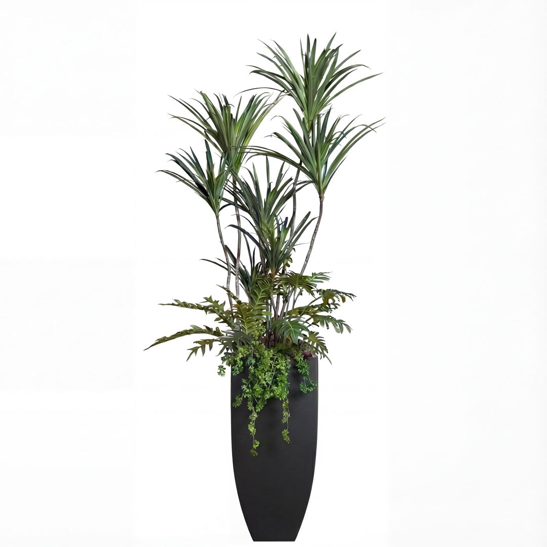 Tall artificial dracaena and fern arrangement in sleek black planter, modern botanical decor