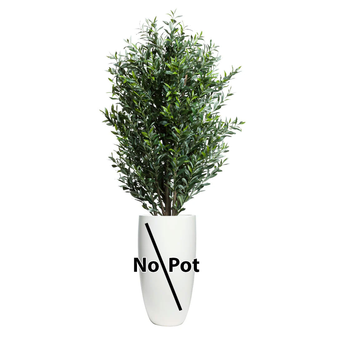 Artificial olive tree with lush green leaves, shown in a white vase labeled 'No Pot'.