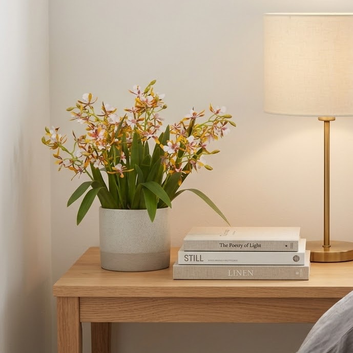 Nighstand with lamp, books, and flowers next to a bed in a bedroom setting.