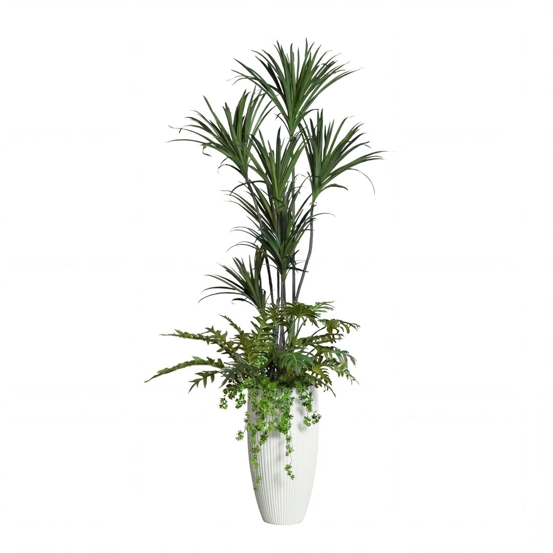 Artificial green palm and fern arrangement in tall white ribbed planter
